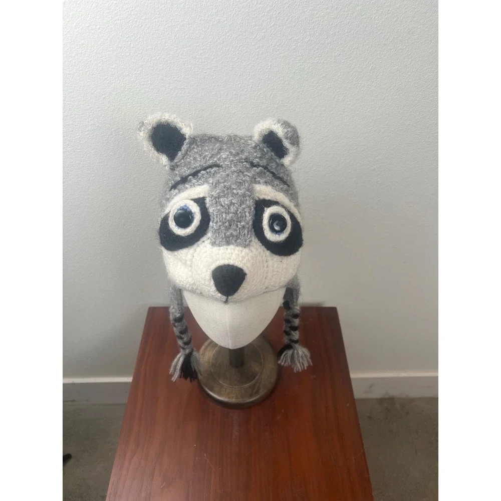 Kids Grey Jimothy Raccoon Hand Knit Animal Beanie Earflap Hat  Braided Tassels